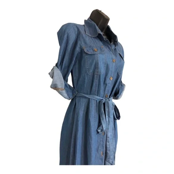 Blue denim fabric button front boho look belted dress size small brand new - Picture 5 of 16